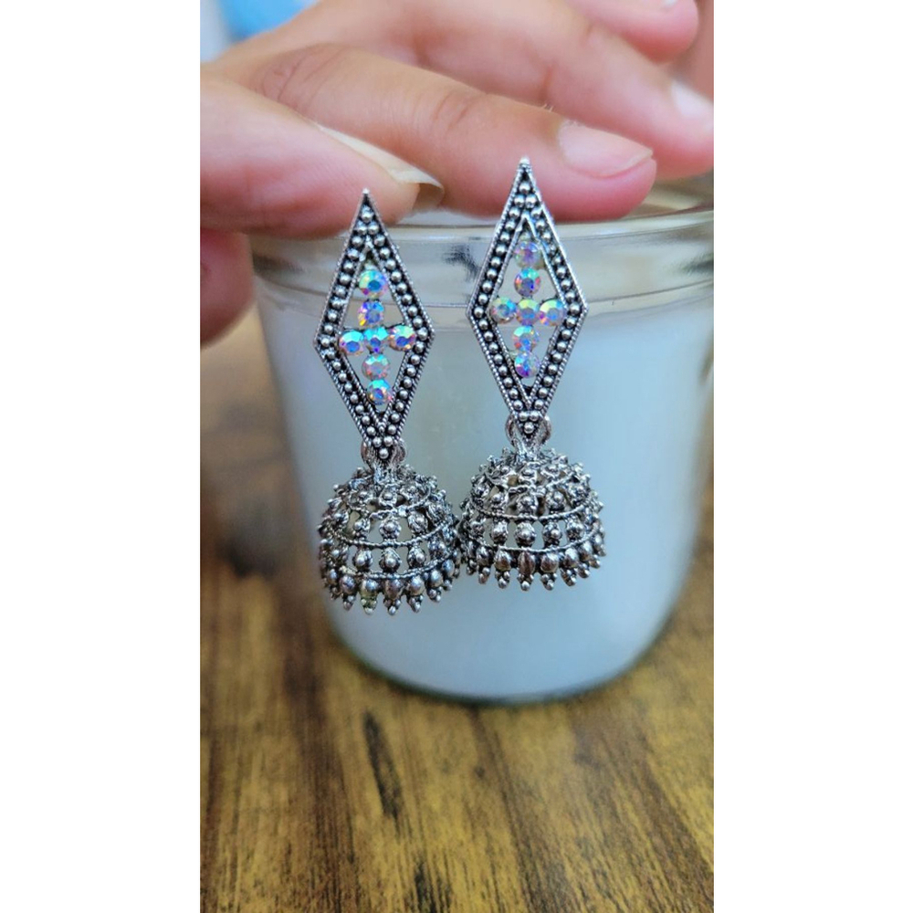 Silver Oxidized Jhumka Earrings with Iridescent Crystal Diamond Design